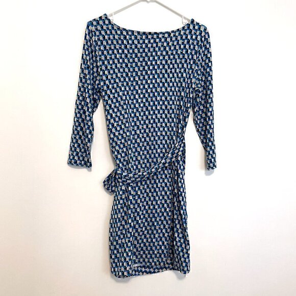 ANN TAYLOR Geo Print Side Tie Jersey Dress Blue Gray 3/4 Sleeve Office S ALTERED - Picture 10 of 13